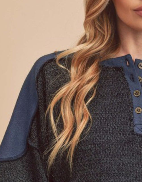 Load image into Gallery viewer, Aemi + Co Side Slit Button Detail Contrast Shoulder Sweatshirt
