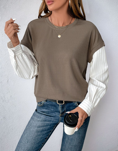 Load image into Gallery viewer, Perfee Round Neck Striped Sleeve Sweatshirt
