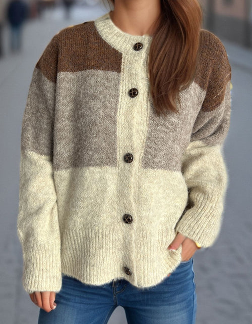 Load image into Gallery viewer, Color Block Round Neck Button Up Cardigan
