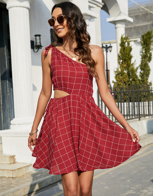 Load image into Gallery viewer, Grid One-Shoulder Tied Cutout Dress
