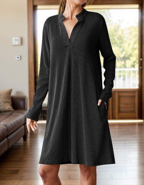 Load image into Gallery viewer, Notched Long Sleeve Mini Dress with Pockets
