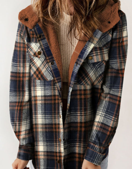 Load image into Gallery viewer, Plaid Button Up Long Sleeve Hooded Jacket
