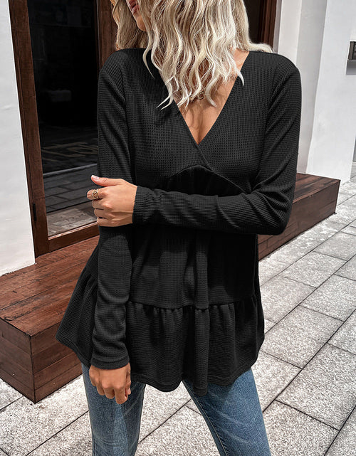 Load image into Gallery viewer, Ivy Lane Waffle-Knit V-Neck Long Sleeve Blouse
