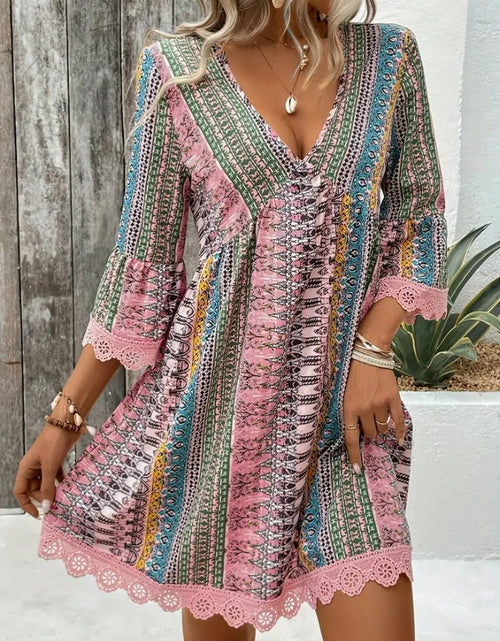 Load image into Gallery viewer, Lace Trim Printed V-Neck 3/4 Sleeve Dress
