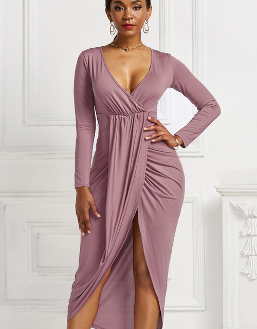 Load image into Gallery viewer, High-low Ruched Surplice Long Sleeve Dress
