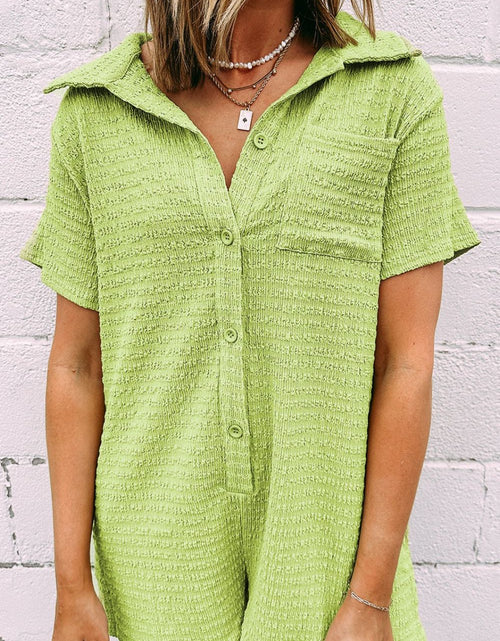 Load image into Gallery viewer, Textured Short Sleeve Patched Pocket Buttoned Romper
