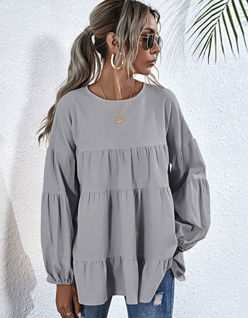 Load image into Gallery viewer, Shiny Round Neck Dropped Shoulder Tiered Blouse
