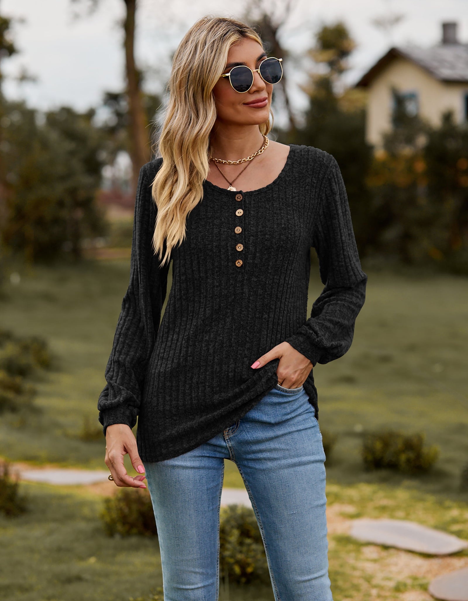 Round Neck Button-Down Long Sleeve Tee