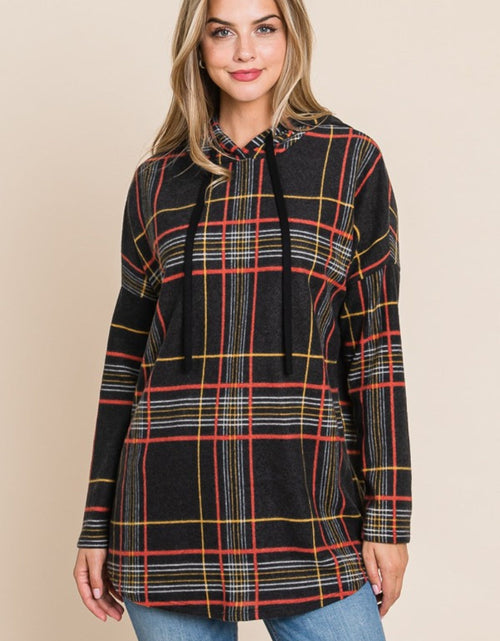 Load image into Gallery viewer, BOMBOM Drawstring Plaid Long Sleeve Hoodie
