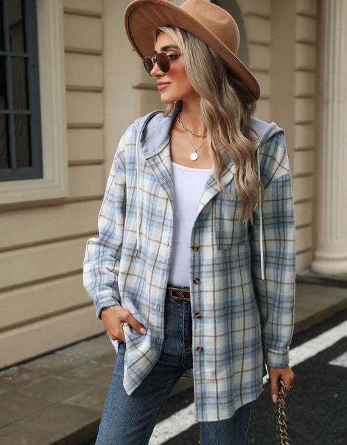 Load image into Gallery viewer, Drawstring Plaid Button Up Hooded Jacket
