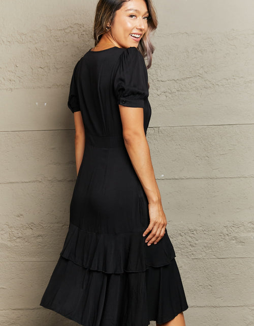 Load image into Gallery viewer, Perfee Decorative Button Surplice Ruffle Hem Dress
