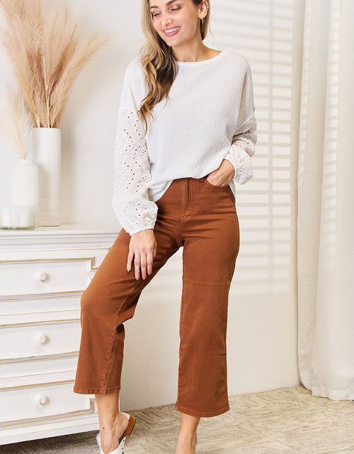 Load image into Gallery viewer, Shiny Eyelet Dropped Shoulder Round Neck Blouse
