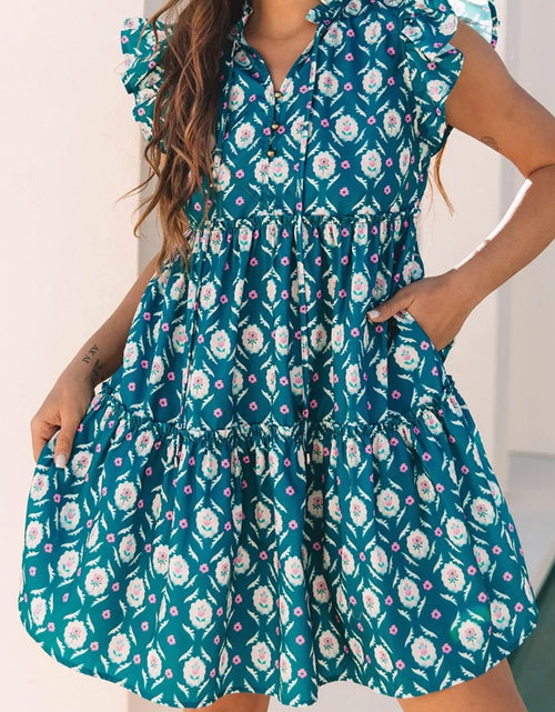Load image into Gallery viewer, Printed Tie Neck Ruffled Cap Sleeve Dress
