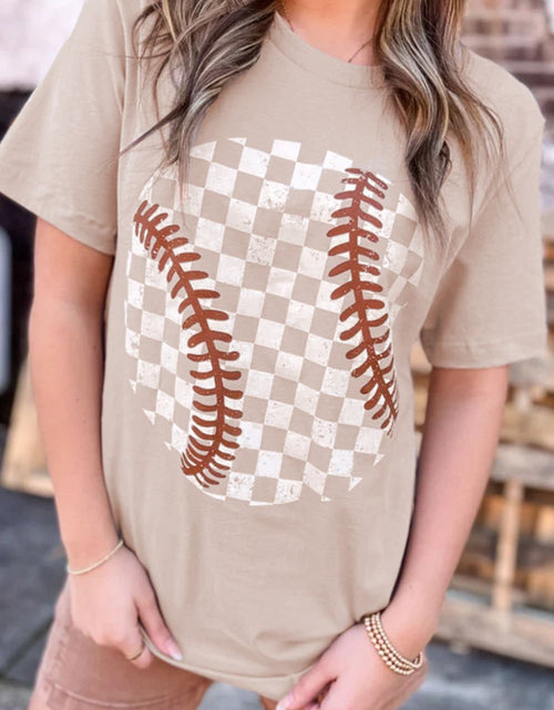 Load image into Gallery viewer, Contrast Checkered Baseball Graphic Round Neck Short Sleeve T-Shirt

