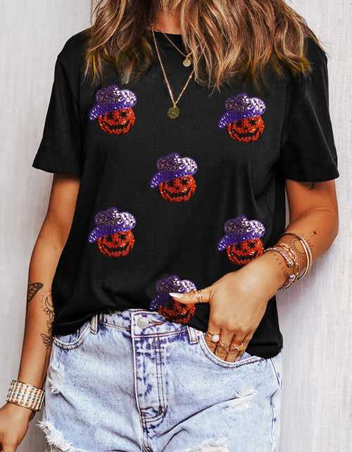 Load image into Gallery viewer, Sequin Pumpkin Round Neck Short Sleeve T-Shirt
