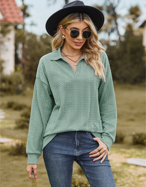 Load image into Gallery viewer, Collared Neck Cable-Knit Long Sleeve Blouse
