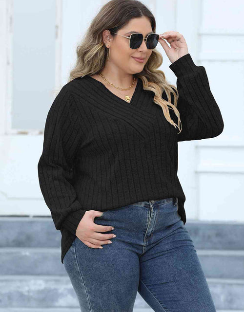 Load image into Gallery viewer, Plus Size Ribbed V-Neck Long Sleeve Top
