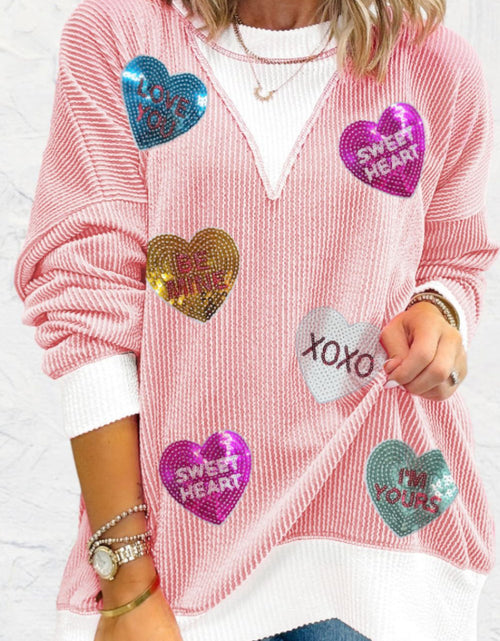 Load image into Gallery viewer, Valentine’s Day Sequin Heart Long Sleeve Sweatshirt
