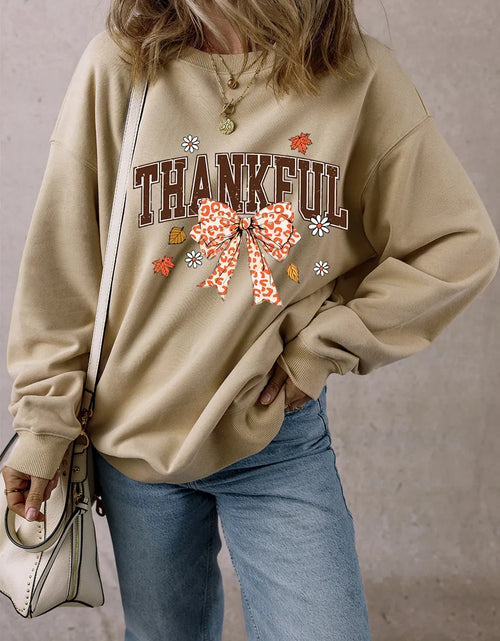 Load image into Gallery viewer, THANKFUL Bow Round Neck Long Sleeve Sweatshirt
