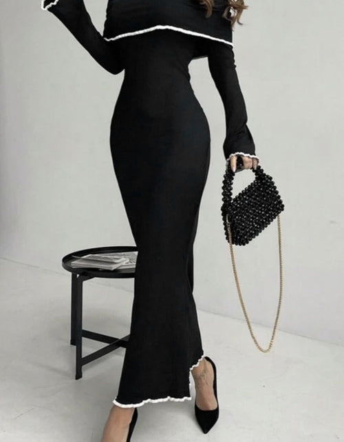 Load image into Gallery viewer, Contrast Trim Off-Shoulder Long Sleeve Maxi Sweater Dress
