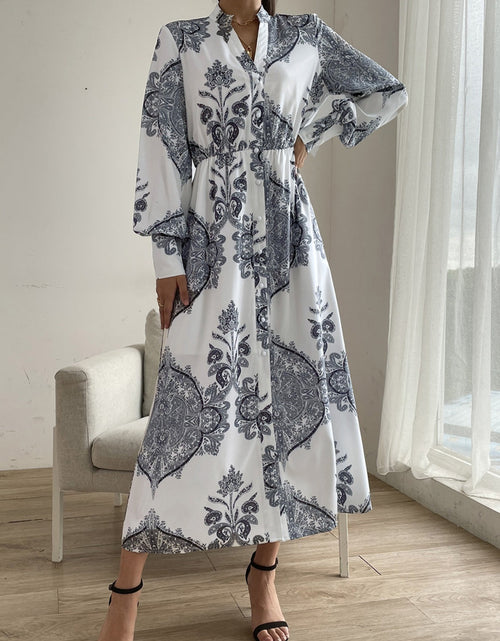 Load image into Gallery viewer, Printed Notched Lantern Sleeve Midi Dress
