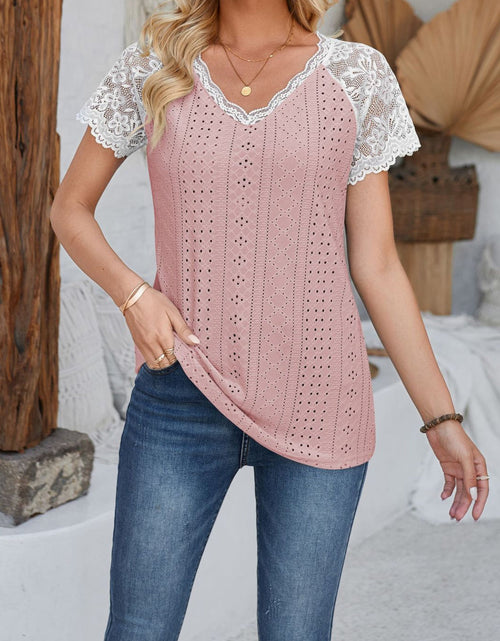 Load image into Gallery viewer, Eyelet Lace Detail V-Neck Short Sleeve Top
