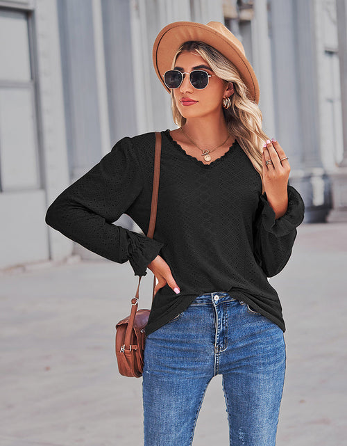 Load image into Gallery viewer, Eyelet V-Neck Flounce Sleeve Blouse
