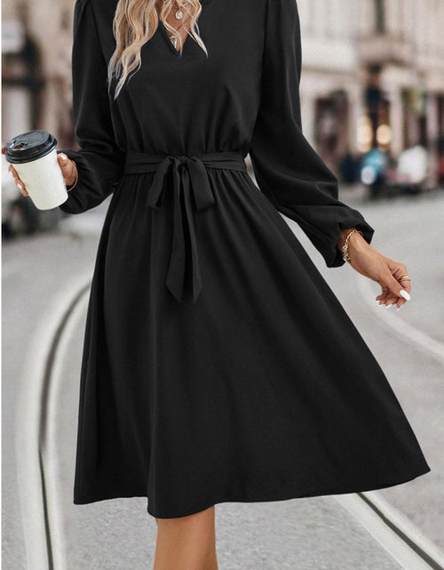 Load image into Gallery viewer, Tie Waist Notched Neck Long Sleeve Dress
