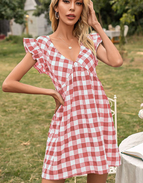 Load image into Gallery viewer, Ivy Lane Plaid Butterfly Sleeve Deep V Dress
