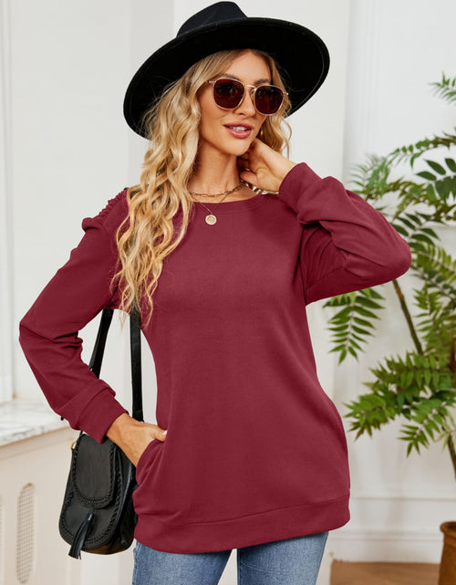 Load image into Gallery viewer, Ruched Shoulder Round Neck Long Sleeve Sweatshirt
