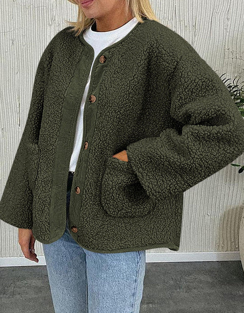 Load image into Gallery viewer, Contrast Button Up Sherpa Jacket with Pockets
