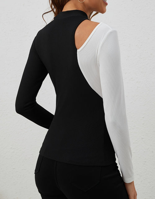Load image into Gallery viewer, Cutout Contrast Mock Neck Long Sleeve T-Shirt

