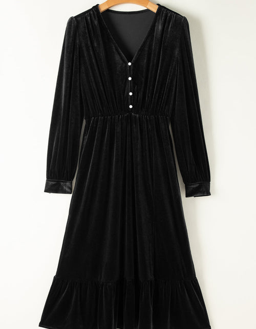 Load image into Gallery viewer, Olivia Velvet Buttoned Puff Sleeve V Neck Split Midi Dress by Poppy Lee Lane
