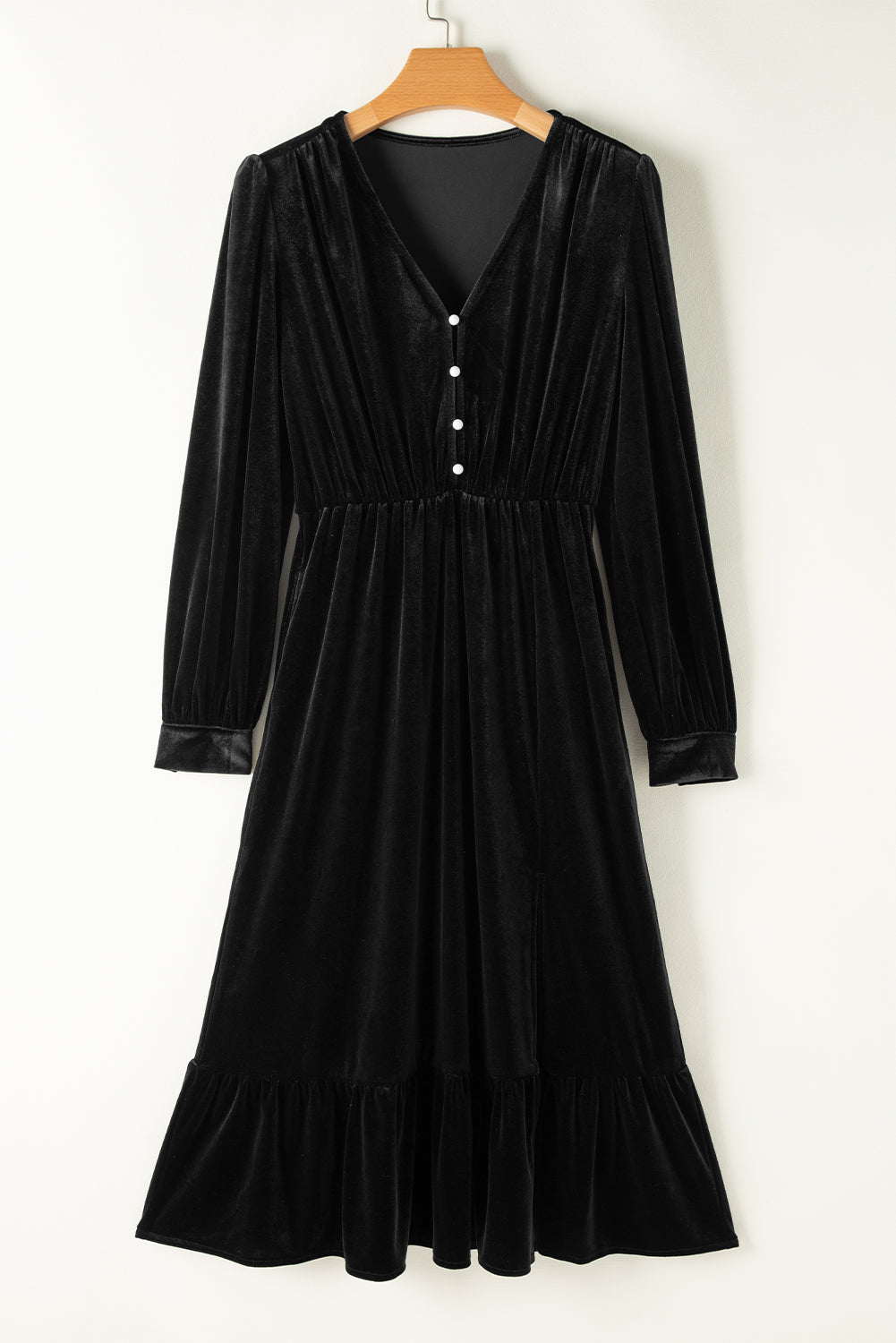 Olivia Velvet Buttoned Puff Sleeve V Neck Split Midi Dress by Poppy Lee Lane