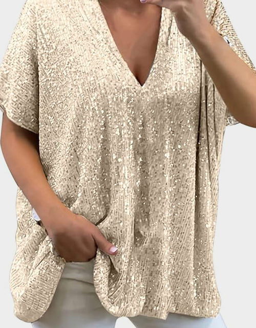 Load image into Gallery viewer, Full Size Sequin V-Neck Short Sleeve Top
