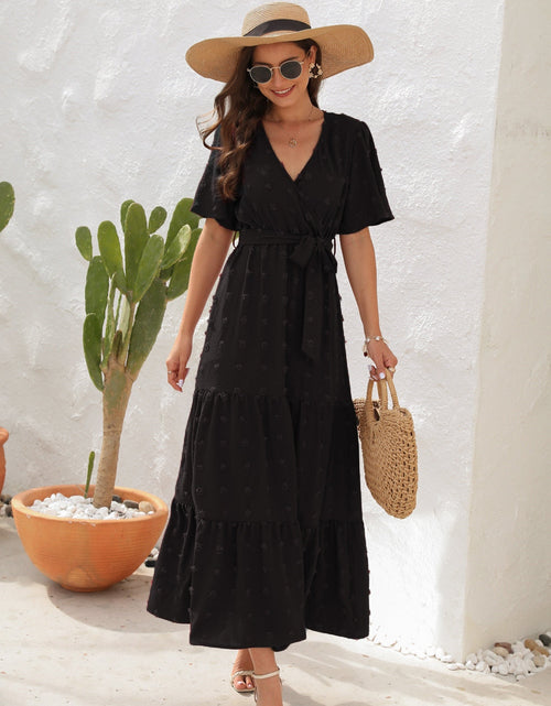 Load image into Gallery viewer, Swiss Dot Tied Surplice Short Sleeve Dress
