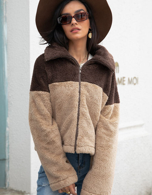Load image into Gallery viewer, Two-Tone Collared Neck Fuzzy Jacket
