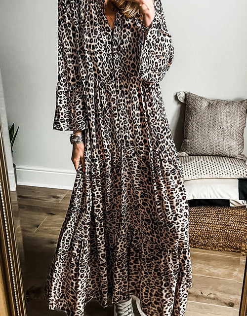 Load image into Gallery viewer, Leopard Notched Long Sleeve Maxi Dress

