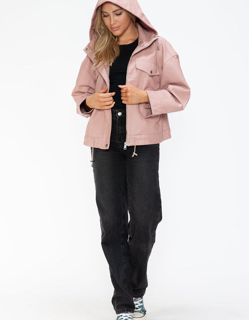Load image into Gallery viewer, How Dare U Drawstring Hem PU Leather Zip Up Jacket
