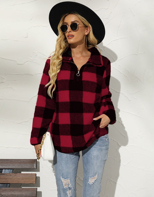 Load image into Gallery viewer, Shiny Plaid Half Zip Long Sleeve Sweatshirt
