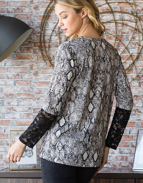 Load image into Gallery viewer, Heimish Full Size Snakeskin Print Round Neck Lace Contrast Top
