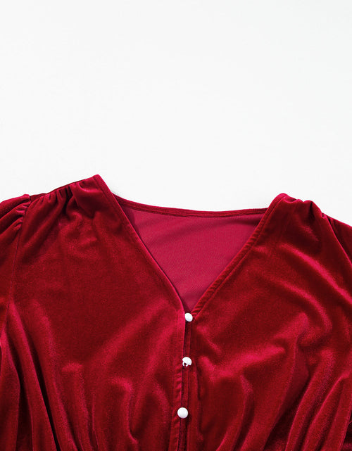 Load image into Gallery viewer, Olivia Velvet Buttoned Puff Sleeve V Neck Split Midi Dress by Poppy Lee Lane
