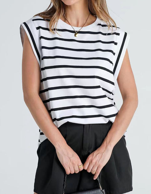 Load image into Gallery viewer, Striped Round Neck Cap Sleeve T-Shirt
