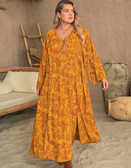 Load image into Gallery viewer, Plus Size Printed Slit Long Sleeve Dress
