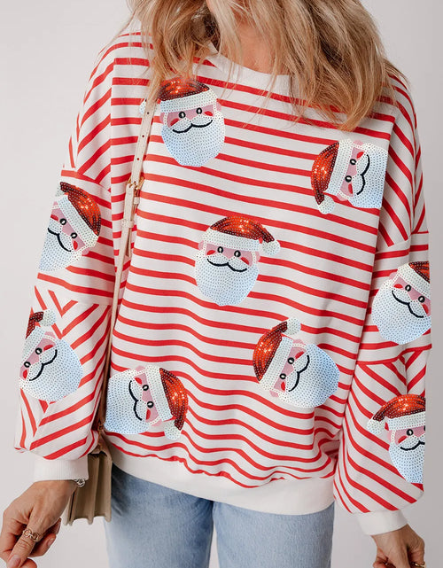 Load image into Gallery viewer, Sequin Santa Striped Round Neck Long Sleeve Sweatshirt
