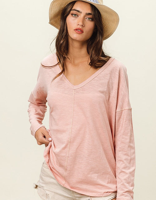 Load image into Gallery viewer, BiBi Exposed Seam V-Neck Long Sleeve T-Shirt
