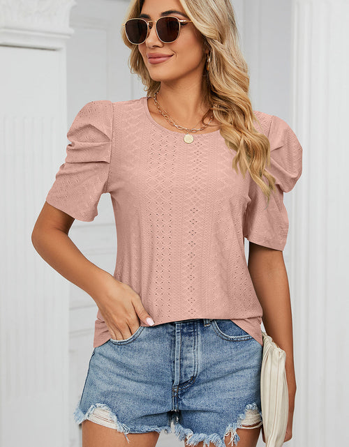 Load image into Gallery viewer, Eyelet Round Neck Puff Sleeve T-Shirt
