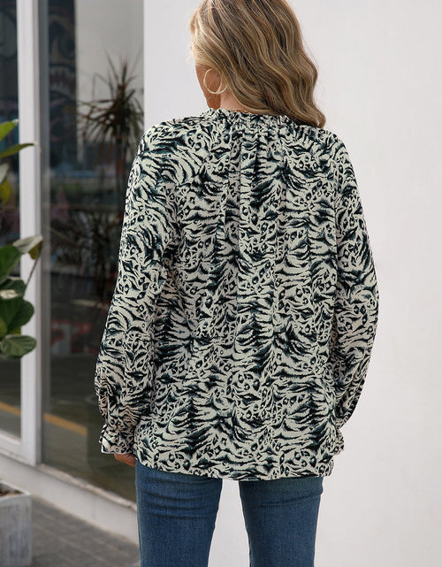 Load image into Gallery viewer, Ivy Lane Printed Tie Neck Frill Trim Flounce Sleeve Blouse
