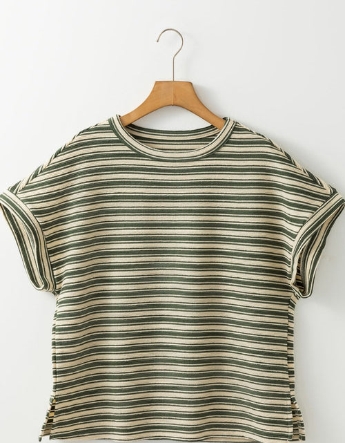 Load image into Gallery viewer, Stripe Textured Side Slit Crew Neck T-Shirt
