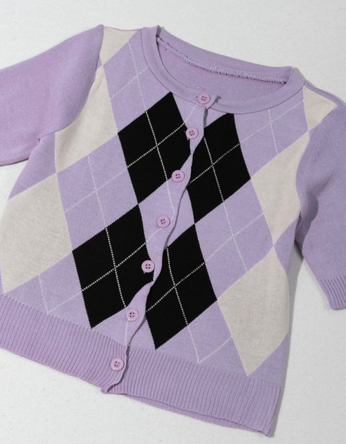 Load image into Gallery viewer, Argyle Round Neck Ribbed Trim Cardigan
